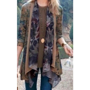 Women's Soft Surroundings Whimsy under floral lace Cardigan S Brown Teal Floral